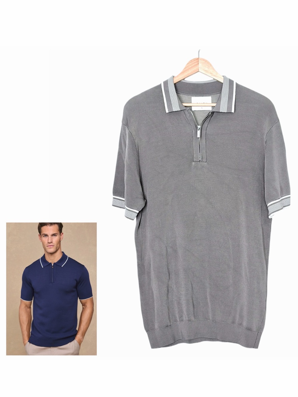 RAITH Henry Zip Short Sleeve Polo in Gray Size Large